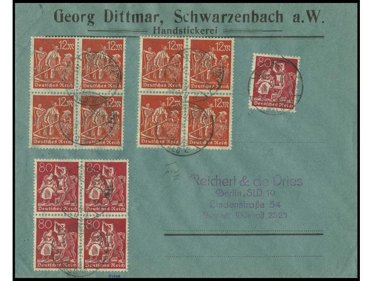 80 Pfg. im 4er-Block und Einzelmarke (teils geringe Zahnmängel) mit 12 M. in zwei 4er-Blocks auf Brief von "SCHWARZENBACH 25.