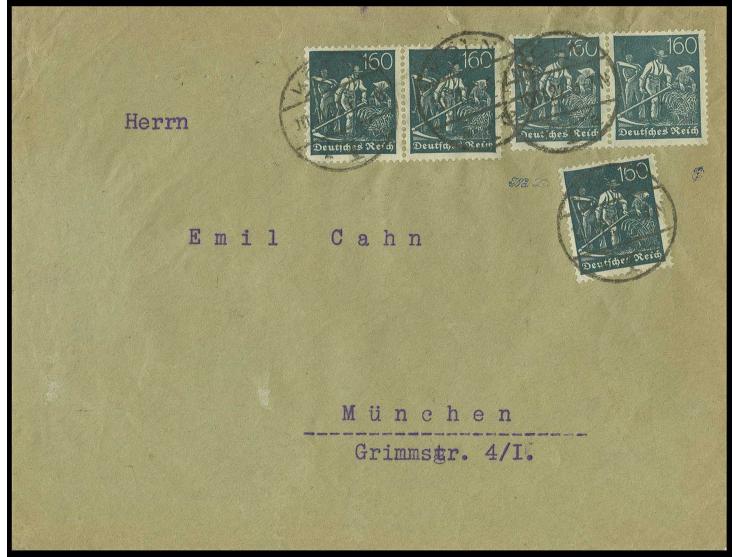 160 Pfg., Einzelstück und zwei waagerechte Paare als seltene Mehrfachfrankatur  von "KÖLN 10.11.22" nach München, Kabinett, u