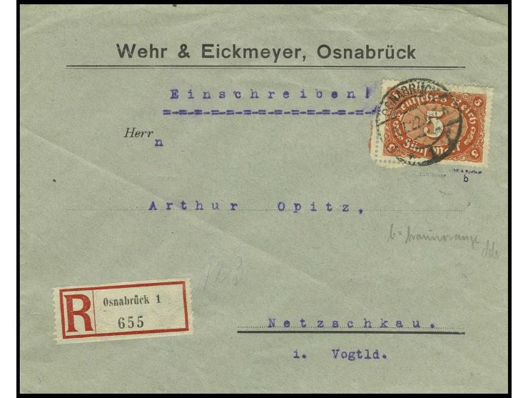 5 M. braunorange, portogerechte Einzelfrankatur auf R-Brief von "OSNABRÜCK 3.7.22" nach Netzschkau mit Ankunftsstempel, Prach