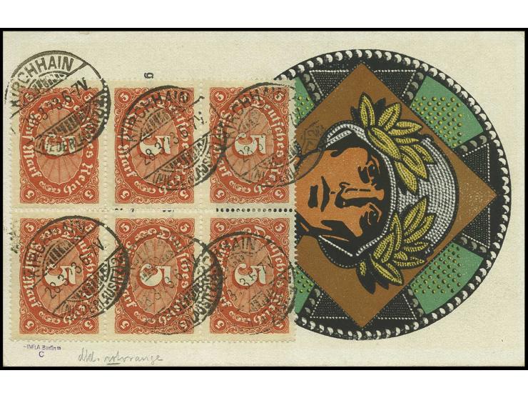 5 M. rotorange im 6er-Block rückseitig auf Postkarte mit 10 M. von "KIRCHHAIN 28.3.23", Kabinett, sign. Infla S