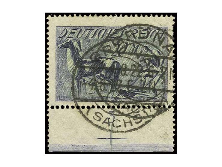 20 M. mit kopfstehendem Unterdruck, Unterrandstück mit Stempel "GRÜNA 4.8.22", bis auf einen unwesentlich verkürzten Zahn obe