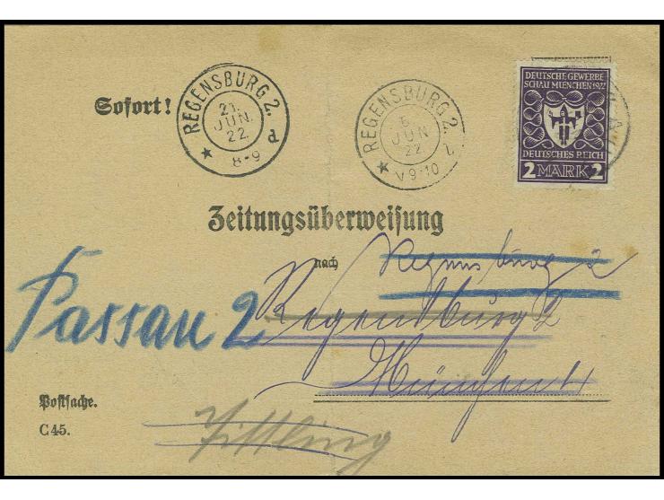 2 M. als Einzelfrankatur auf Zeitungsüberweisung von "REGENSBURG 2 6 JUL 22" nach München und mehrfach nachgesandt, senkrecht