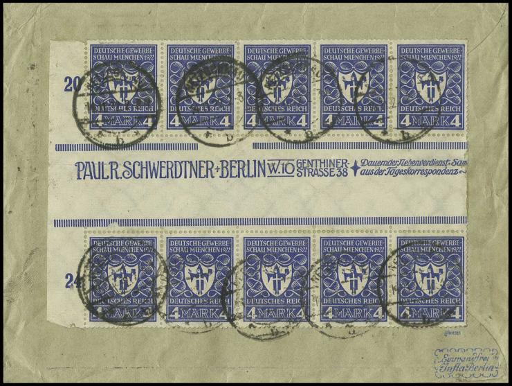 4 M. im Zwischensteg-10er-Block mit 5 Zwischenstegen rückseitig auf Brief mit weiterer 4 M. und Bayern Abschied 1 M. jeweils 