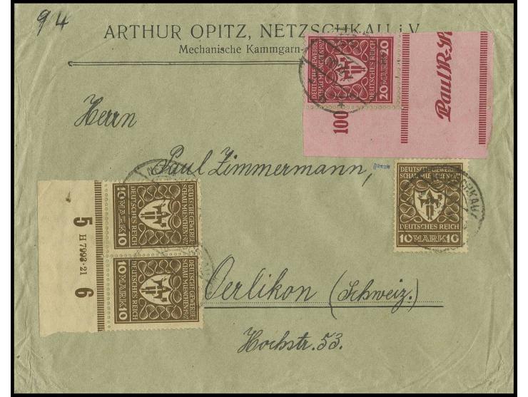 10 M., Einzelwert und Unterrandpaar mit HAN "H 7993.21", sowie 20 M., Eckrandstück mit Zwischensteg unten auf Brief (Randknit