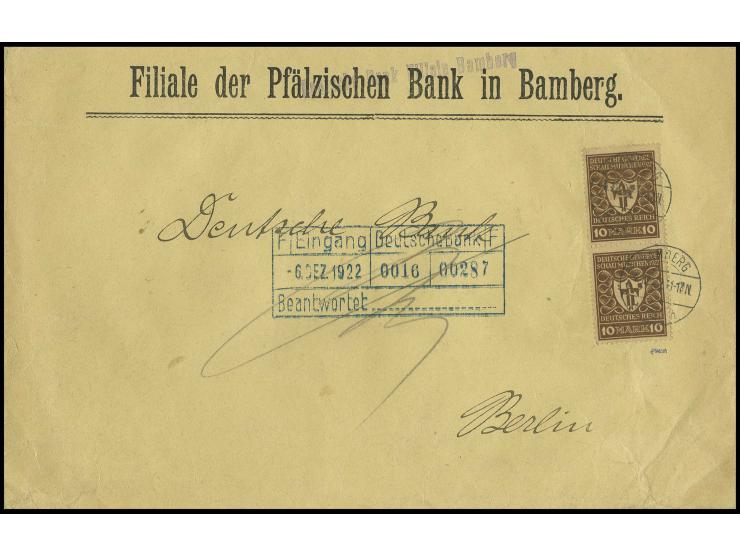 10 M. lilabraun im senkrechten Paar als portogerechte Mehrfachfrankatur auf großformatigem Bankbrief über 100 g von "BAMBERG 