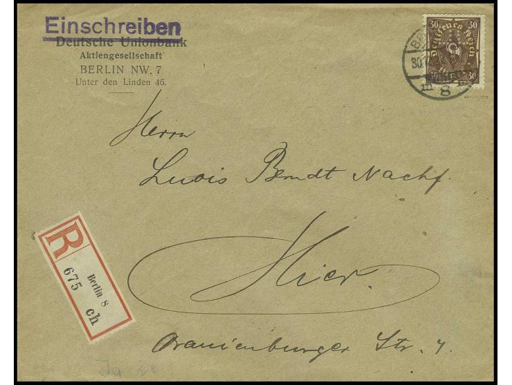 30 M., magere Schrift, mit Lochung "DU" als Einzelfrankatur auf Orts-R-Brief von "BERLIN 30.12.22", sign. Düntsch und Infla