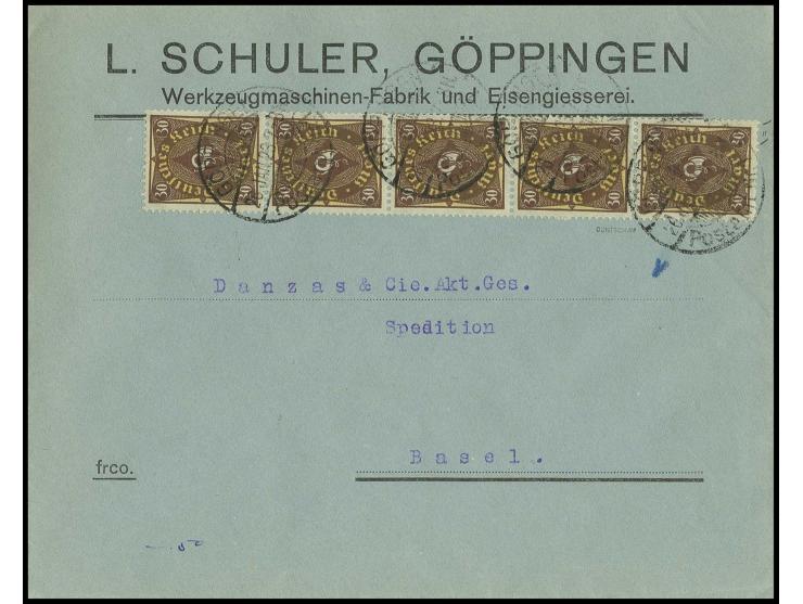 30 M. im senkrechten 5er-Streifen als portogerechte Mehrfachfrankatur auf Brief von "GÖPPINGEN 26.1.23" nach Basel, Kabinett,