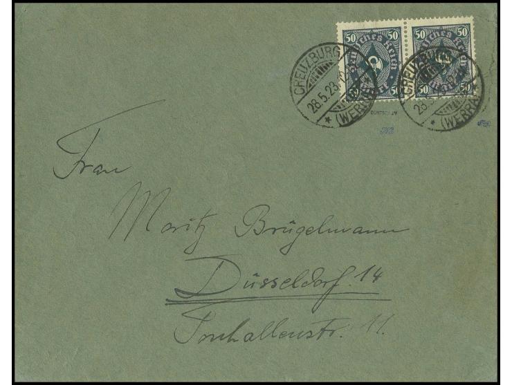 50 M. im waagerechten Paar mit Stempel "CREUZBURG (WERRA) 28.5.23" auf Brief nach Düsseldorf, lt. Fotoattest Düntsch "der woh