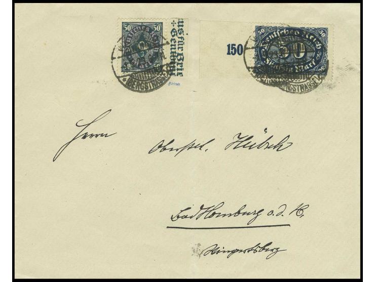 50 M., Randstück mit Zusatzfrankatur auf Brief (Briefbug) von "WEINHEIM (Bergstrasse) 1.5.23" nach Bad Homburg, sign. Düntsch