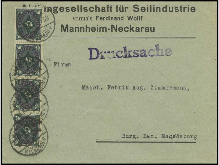 50 M. schwarzgraugrün/lebhaftbraunpurpur im senkrechten 4er-Streifen als Mehrfachfrankatur auf Drucksache (Rückklappe fehlt) 