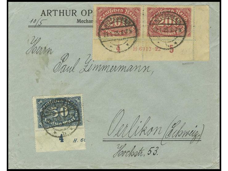 200 M. im Eckrandpaar mit HAN " H 6913.22" und 50 M., Unterrandstück (leichter Eckbug), auf Brief von "NETZSCHKAU 22.1.23" in