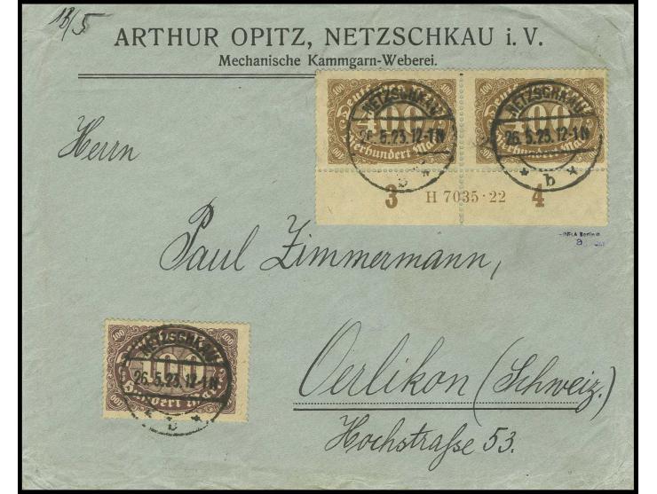400 M. im waagerechten Unterrandpaar mit HAN "H 7035.22" und 100 M. auf Brief von "NETZSCHKAU 26.5.23" in die Schweiz, Kabine