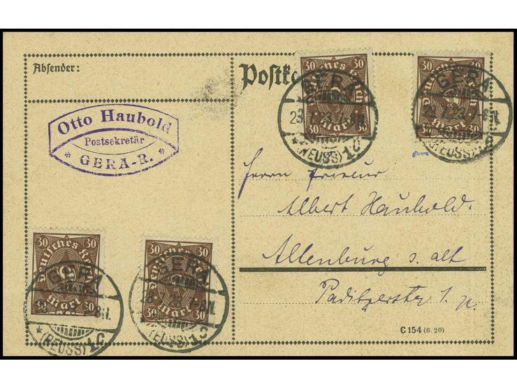 30 M. braun, 4 Werte als portogerechte Mehrfachfrankatur auf Postkarte von "GERA 28.7.23" nach Altenburg, Kabinett, sign. Dün