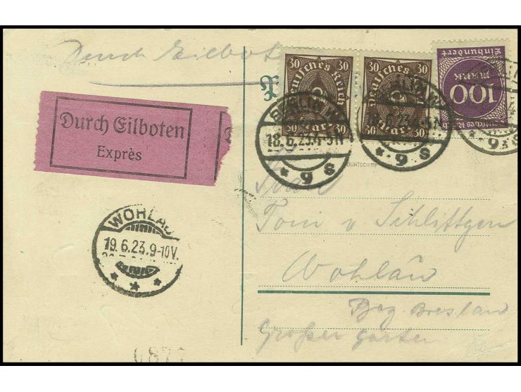 30 M. lilabraun im waagerechten Paar mit 100 M. auf Express-Postkarte von "BERLIN 18.6.23", Kabinett, sign. Düntsch BPP und I