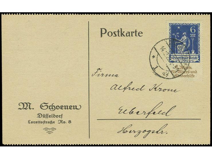 6 M. als seltene Einzelfrankatur auf Bedarfskarte von "DÜSSELDORF 14.12.22" nach Elberfeld