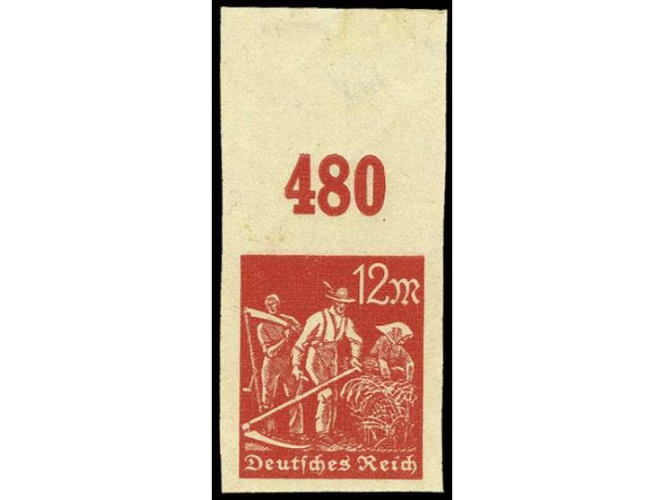 Arbeiter 12 M., breitrandig ungezähntes Oberrandstück, postfrisch mit kleinen Anhaftungen im Oberrand, Kabinett, Fotoattest D