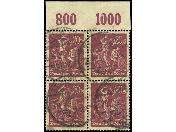 20 M. mit liegendem Wz., seltener Oberrand-4er-Block mit Stempel "BERLIN 26.9.23", Kabinett, sign. Düntsch und Infla
