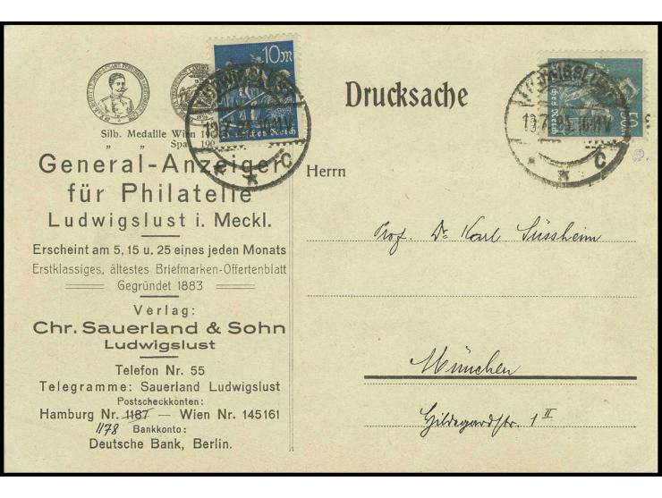 50 und 10 M. auf Drucksachenkarte von "LUDWIGSLUST 19.7.23", sign. Peschl und Infla