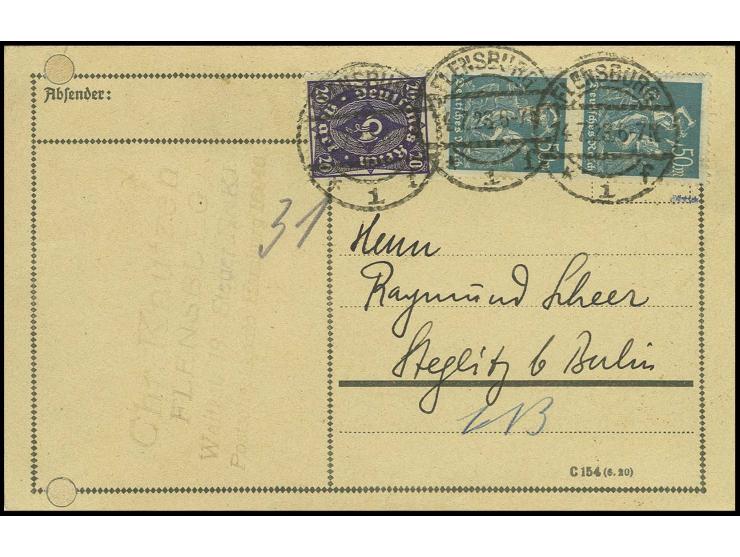 50 M. im senkrechten Paar mit 20 M. auf Postkarte (Aktenlochung geschlossen) von "FLENSBURG 14.7.23", sign. Düntsch und Infla