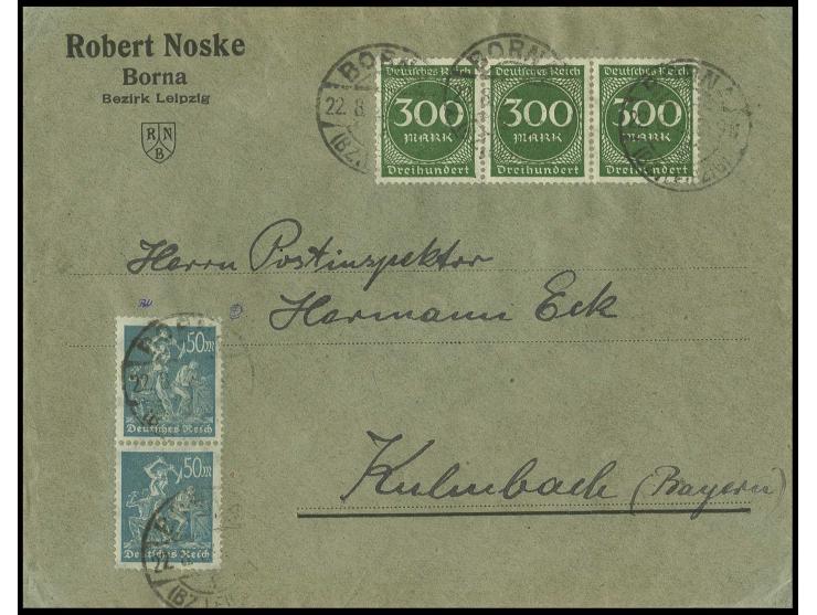 50 M. im senkrechten Paar mit 300 M. im 3er-Streifen auf Brief von "BORNA 22.8.23", Kabinett, sign. Peschl und Infla