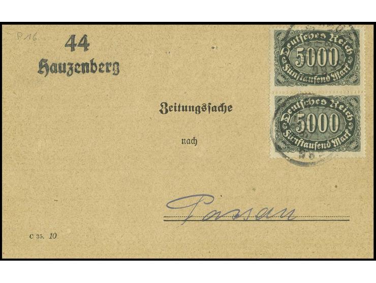 5000 M. im senkrechten Paar portogerecht auf Zeitungssache von "MÜNCHEN 31 AUG 23" nach Passau, sign. Infla