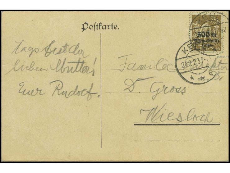 1923, Rhein-Ruhr-Hilfe 25 M. als seltene portogerechte Einzelfrankatur auf Postkarte von "KEHL 24.2.23", Pracht, sign. Düntsc