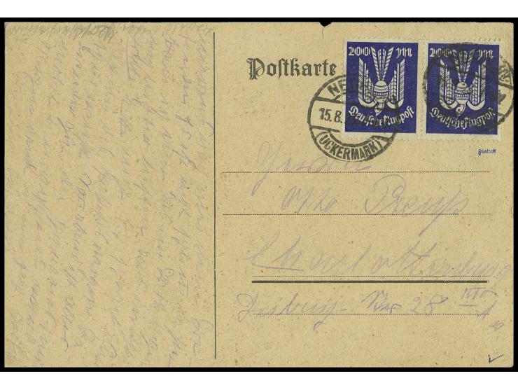 200 M. im waagerechten Paar als portogerechte Mehrfachfrankatur auf Postkarte (oben kleine Kerbe) vom 15.8.23, Pracht, sign. 