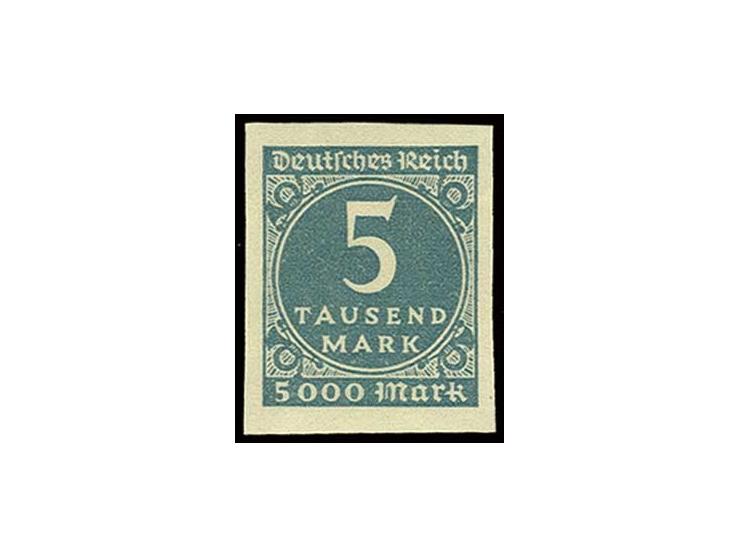 5 Tsd. M. und 50 Tsd. M. braunocker, breitrandig ungezähnt, letztere linkes Randstück, postfrisch, Luxus, 50 Tsd. M. sign. Tw