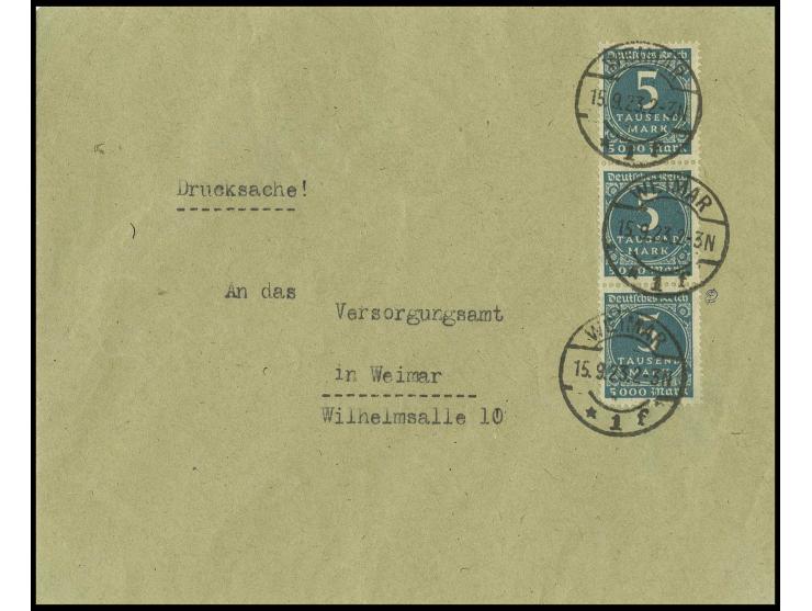 5 Tsd. M. im senkrechten 3er-Streifen als portogerechte Mehrfachfrankatur mit Ersttagsstempel "WEIMAR 15.9.23" auf Orts-Druck
