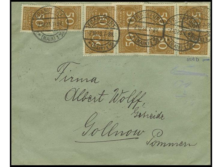 50 Tsd. M. braunocker, 38 Werte vorder- und rückseitig auf um 100.000,- M. unterfrankierem  Brief von "FRANKFURT 7.10.23", si