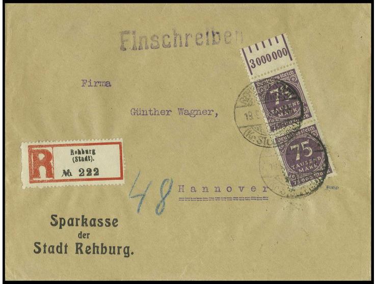 75 Tsd. M. im senkrechten Walzendruck-Oberrandpaar als portogerechte Mehrfachfrankatur auf R-Brief von "REHBURG 19.9.23", Kab