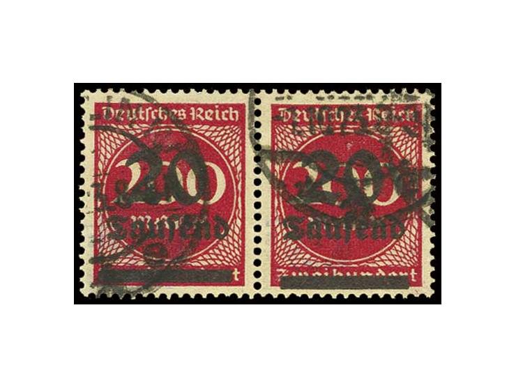 20 Tsd. auf 200 M. im waagerechten Paar mit engem bzw. weitem Abstand mit Stempel "BERLIN 1.10.23", gestempelt eine große Inf