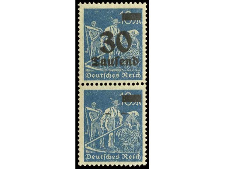 30 Tsd. auf 10 M. im senkrechten Paar, dabei untere Marke mit weitgehend fehlendem Aufdruck, postfrisch, Luxus