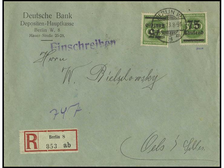 75 Tsd. auf 300 M., zwei Werte als portogerechte Mehrfachfrankatur auf R-Brief von "BERLIN 19.9.23", Kabinett, sign. Düntsch 