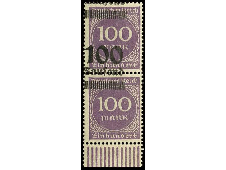 100 Tsd. auf 100 M. grauviolett im senkrechten Paar mit sehr stark nach oben verschobenem Aufdruck, postfrisch, Luxus