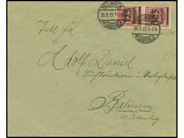 125 Tsd. auf 1000 M. dunkelrosa im senkrechten Paar als portogerechte Mehrfachfrankatur auf Brief von "VILLINGEN 20.9.23" nac