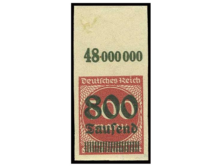 800 Tsd. auf 500 M., Probedruck in rot, breitrandig ungezähntes Oberrandstück, postfrisch mit schwachen Fingerspuren, Pracht,