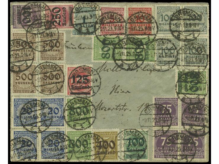 800 Tsd. auf 500 M. mit reichhaltiger Zusatzfrankatur, tadellos erhalten mit Stempel "BREMEN 9.11.23" auf überfrankiertem Ort