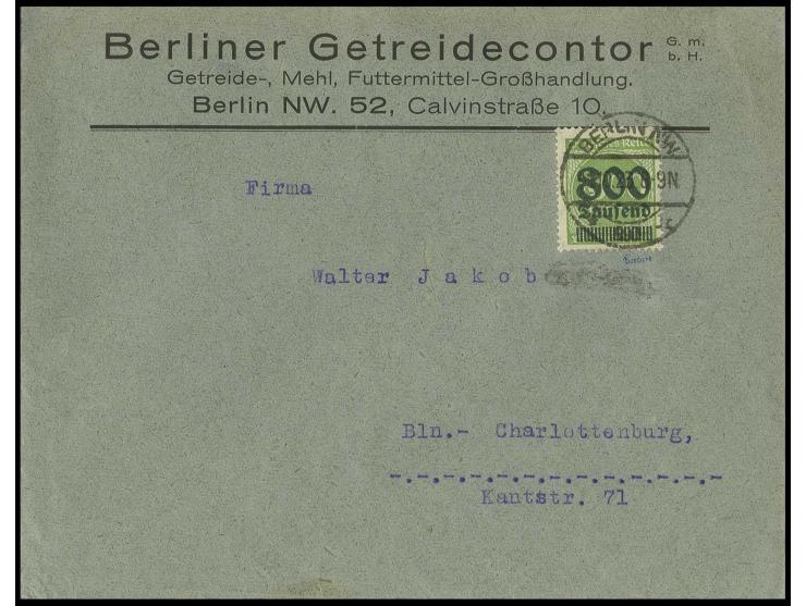 800 Tsd. auf 1000 M. lebhaftgrün, portogerechte Einzelfrankatur auf Ortsbrief von "BERLIN 1.10.23", Kabinett, sign. Düntsch u