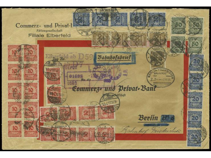 10 Mio. M. (20), 20 Mio. M. (10), 50 Mio. M. (4) und 200 Mio. M. (5), gestempelt "ELBERFELD 6.11.23" auf gefaltetem "Bahnhofs