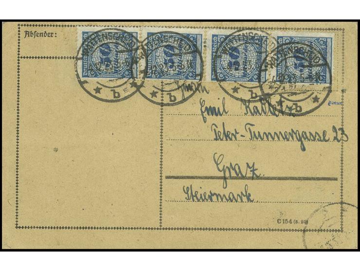 50 Mrd. M., Einzelwert und senkrechter 3er-Streifen mit Stempel "WATTENSCHEID 4.12.23" auf Postkarte nach Graz (Inlandsgebühr