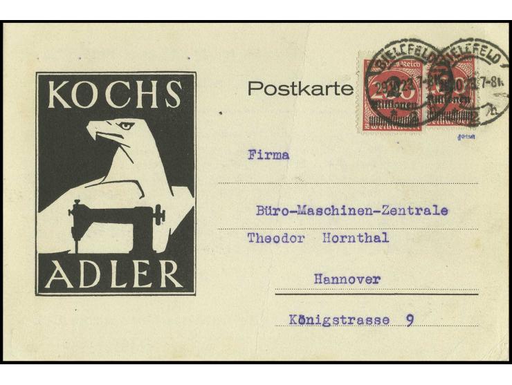2 Mio. M., zwei Werte als portogerechte Mehrfachfrankatur auf Postkarte von "BIELEFELD 29.10.23" nach Hannover, Pracht, sign.