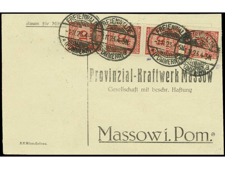 10 Mio. M. im senkrechten 4er-Streifen mit Stempel "FREIENWALDE 1.11.23" auf Postkarte, sign. Infla