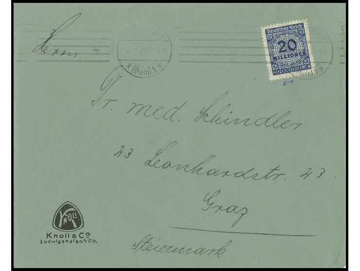 20 Mio. M., perfekt durchstochen als seltene Einzelfrankatur auf Drucksache von "LUDWIGSHAFEN 3.11.23" nach Österreich, bis 3