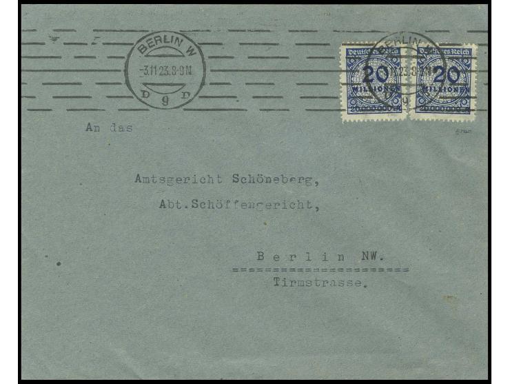 20 Mio. M., zwei perfekt durchstochene Werte (rechte Marke leichter Eckbug) mit Stempel "BERLIN 3.11.23" auf Ortsbrief, Prach
