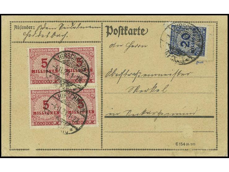 20 Mio. M., tadellos durchstochen mit 5 Mio. M. im 4er-Block auf Postkarte von "HIRSCHHORN 4.11.23", Pracht, sign. Peschl und