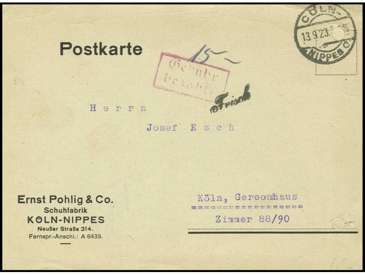 "Gebühr bezahlt", roter Ra2 mit handschriftlichem Eintrag "15" und nebengesetztem schwarzen Postmeisterstempel "Frisch" auf O