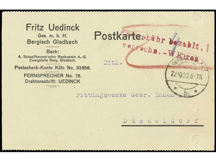 "Freigebühr bezahlt, verrechn.- W Kirch", roter L2 auf Karte von "BERG. GLADBACH 22.10.23" nach Düsseldorf, bis auf Aktenloch