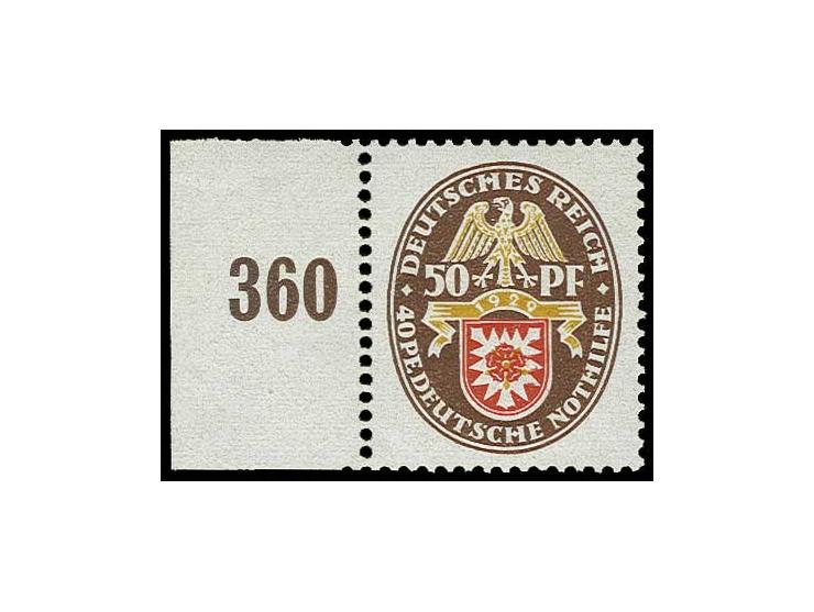 1929, Nothilfe 50 Pfg. mit Plattenfehler "PE", postfrisches linkes Randstück mit kleiner Haftspur im Rand, Kabinett, doppelt 