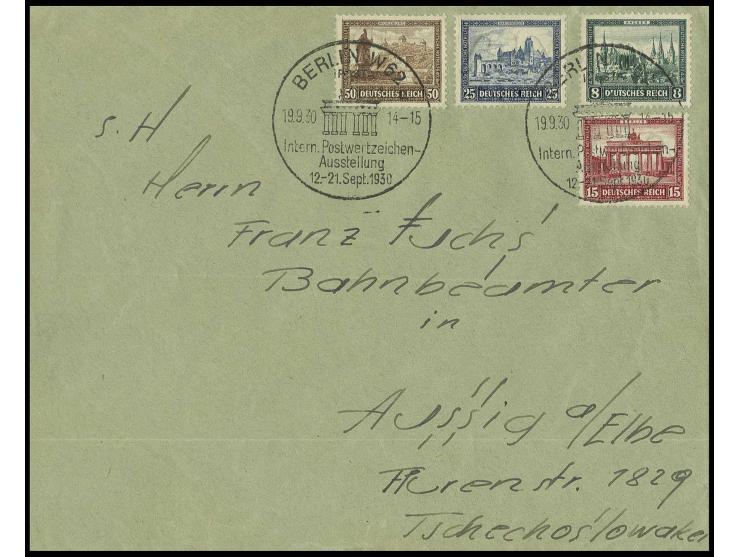 8-50 Pfg. kpl. mit Ausstellungs-Sonderstempel vom 19.9.30 auf 2seitig geöffnetem und waagerecht gefaltetem Brief nach Aussig,